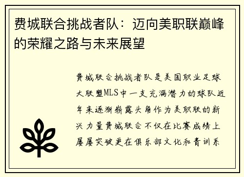 费城联合挑战者队：迈向美职联巅峰的荣耀之路与未来展望