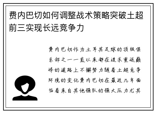 费内巴切如何调整战术策略突破土超前三实现长远竞争力