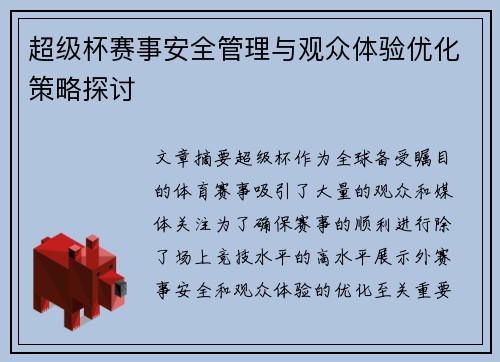 超级杯赛事安全管理与观众体验优化策略探讨